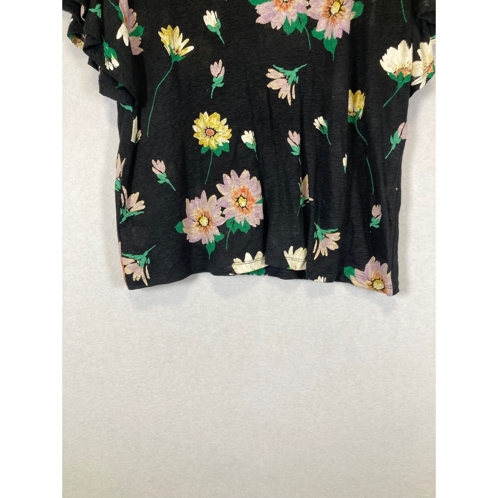 Cottagecore LOFT Women Size S Black Floral 100% Linen Flutter Sleeve Scoop Neck - Picture 5 of 9